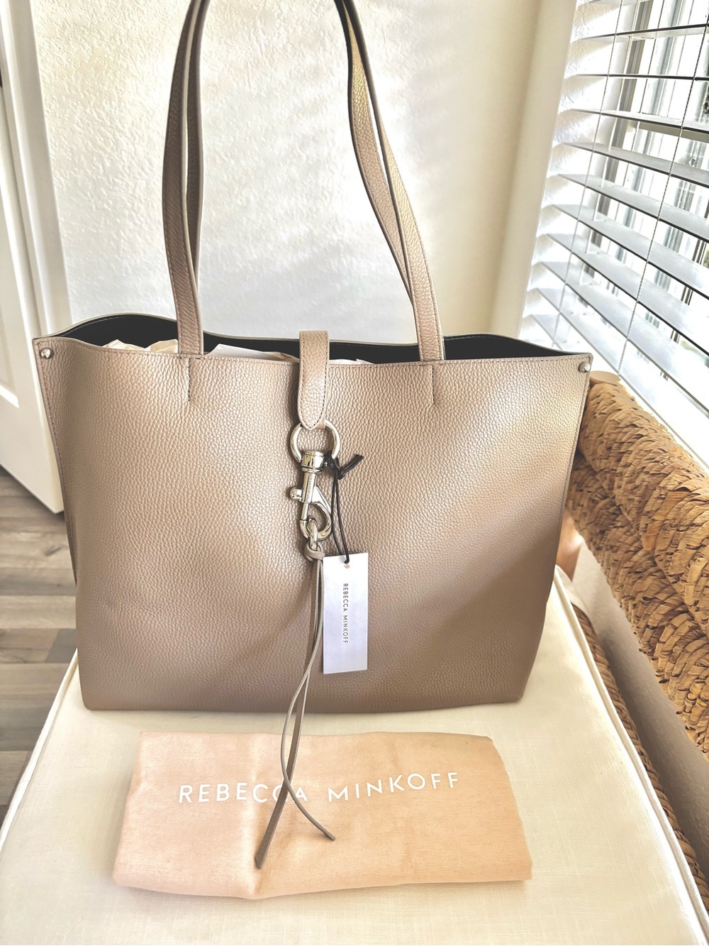 Rebecca Minkoff “Meghan” Pebbled Taupe Leather Tote with Silver Hardware